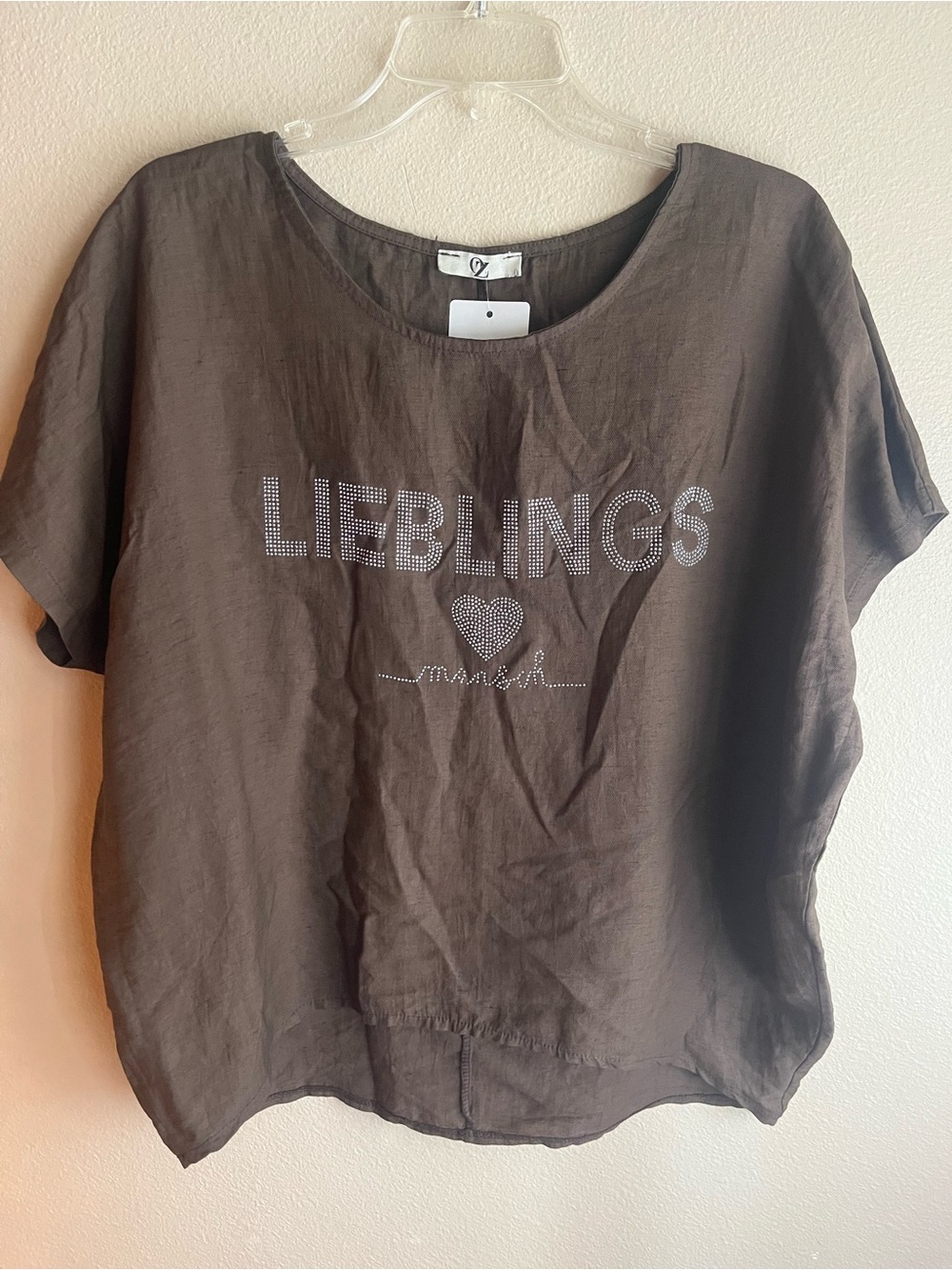 Brown Short Sleeve Embellished Top